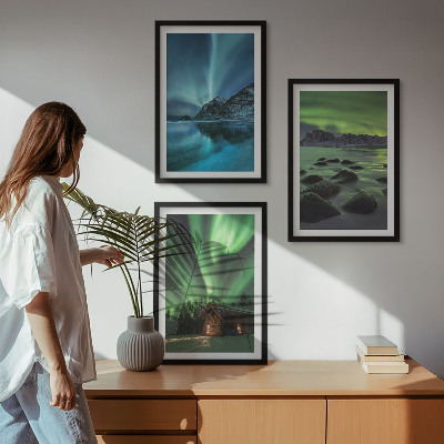 Composição de quadros moderna Paisagens de inverno, aurora boreal, montanhas