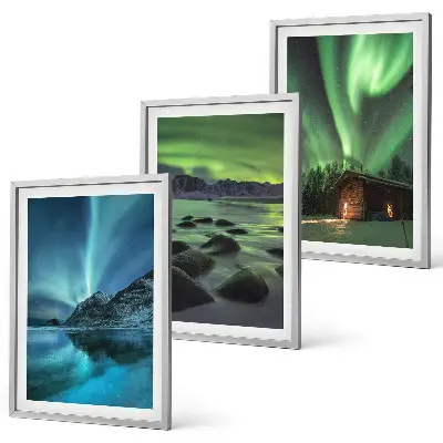 Composição de quadros moderna com paisagens de inverno, aurora boreal e montanhas