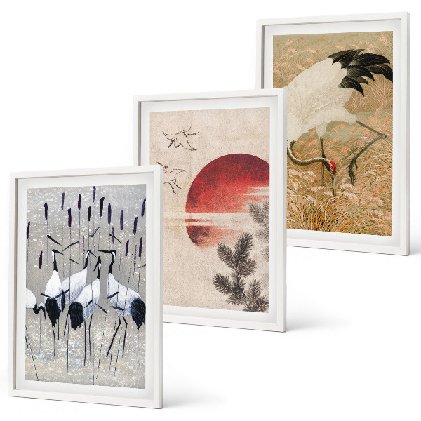 Conjunto de 3 quadros com moldura paisagem de guindastes japoneses