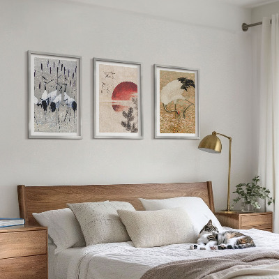 Conjunto de 3 quadros com moldura paisagem de guindastes japoneses