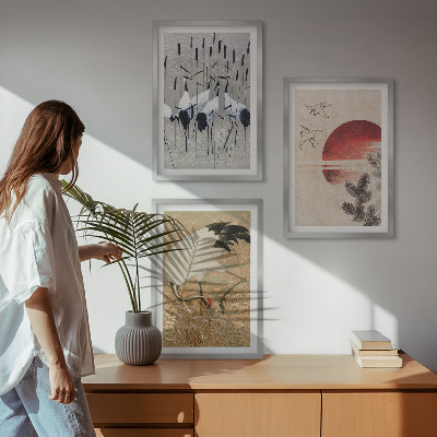 Conjunto de 3 quadros com moldura paisagem de guindastes japoneses