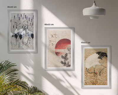 Conjunto de 3 quadros com moldura paisagem de guindastes japoneses
