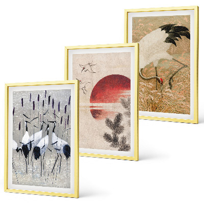 Conjunto de 3 quadros com moldura paisagem de guindastes japoneses