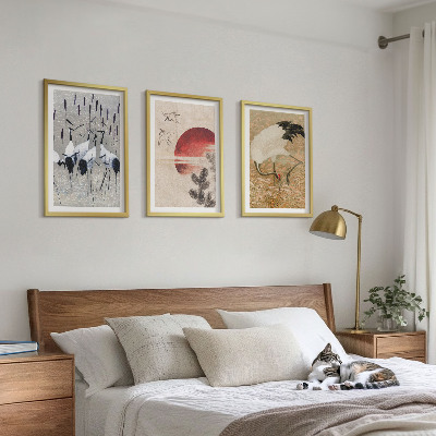 Conjunto de 3 quadros com moldura paisagem de guindastes japoneses