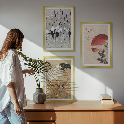 Conjunto de 3 quadros com moldura paisagem de guindastes japoneses