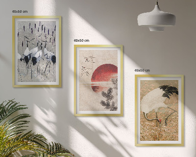 Conjunto de 3 quadros com moldura paisagem de guindastes japoneses