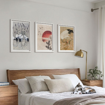 Conjunto de 3 quadros com moldura paisagem de guindastes japoneses