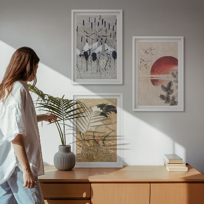 Conjunto de 3 quadros com moldura paisagem de guindastes japoneses