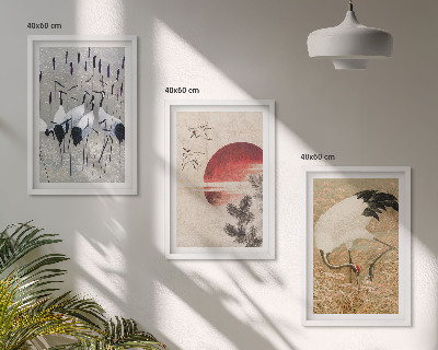 Conjunto de 3 quadros com moldura paisagem de guindastes japoneses