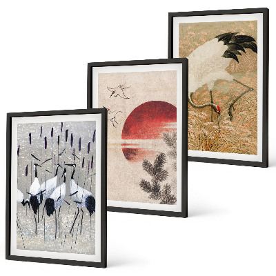 Conjunto de 3 quadros com moldura paisagem de guindastes japoneses