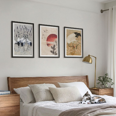 Conjunto de 3 quadros com moldura paisagem de guindastes japoneses