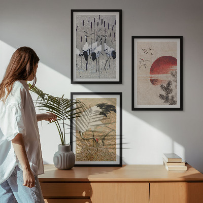 Conjunto de 3 quadros com moldura paisagem de guindastes japoneses