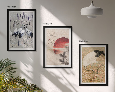 Conjunto de 3 quadros com moldura paisagem de guindastes japoneses