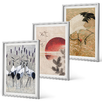 Conjunto de 3 quadros com moldura paisagem de guindastes japoneses