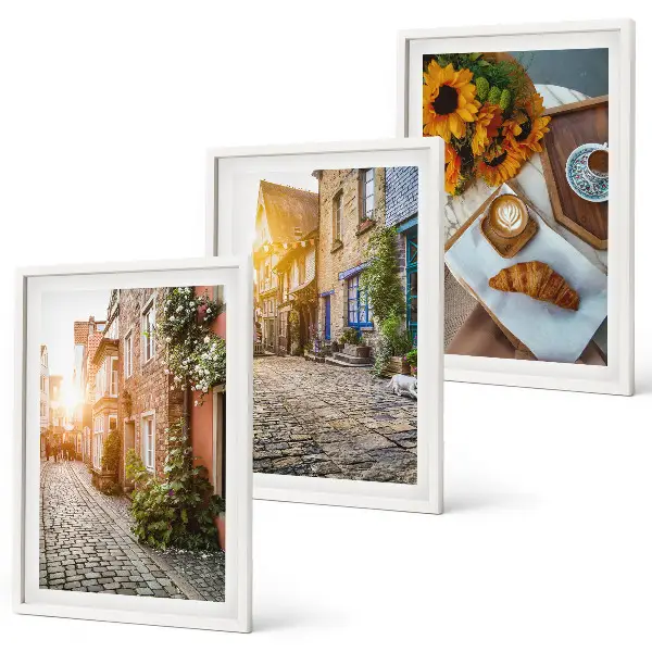 Conjunto de quadros para sala de estar com estampa de ruas, café e girassóis