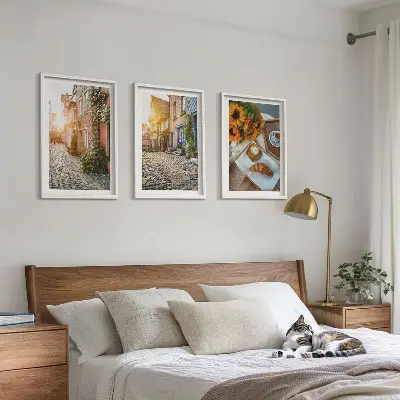 Conjunto de quadros para sala de estar com estampa de ruas, café e girassóis
