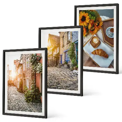 Conjunto de quadros para sala de estar com estampa de ruas, café e girassóis