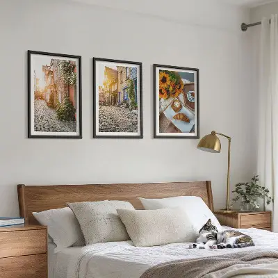 Conjunto de quadros para sala de estar com estampa de ruas, café e girassóis