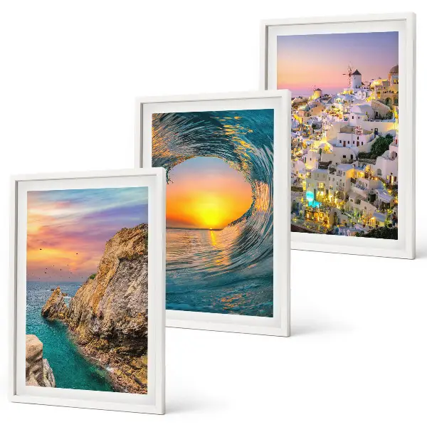 Composição de quadros moderna ondas do mar e casas brancas de Santorini