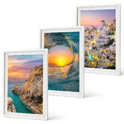 Composição de quadros moderna ondas do mar e casas brancas de Santorini