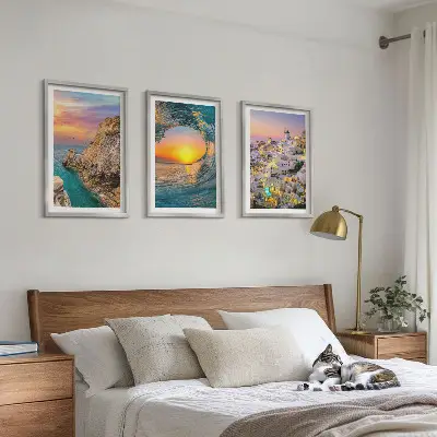 Composição de quadros moderna ondas do mar e casas brancas de Santorini