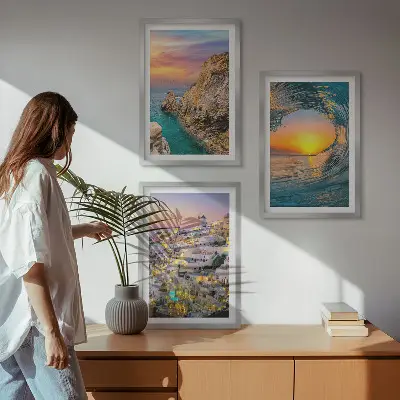 Composição de quadros moderna ondas do mar e casas brancas de Santorini
