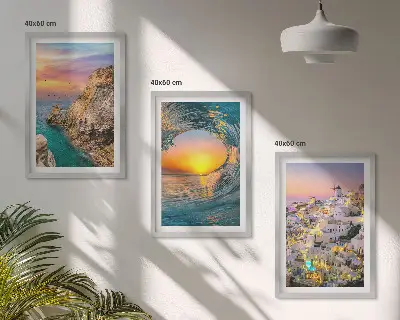 Composição de quadros moderna ondas do mar e casas brancas de Santorini