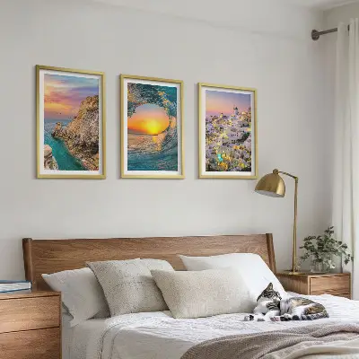 Composição de quadros moderna ondas do mar e casas brancas de Santorini
