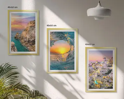 Composição de quadros moderna ondas do mar e casas brancas de Santorini