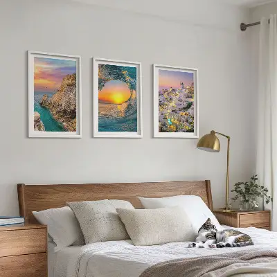 Composição de quadros moderna ondas do mar e casas brancas de Santorini