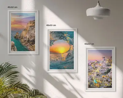 Composição de quadros moderna ondas do mar e casas brancas de Santorini