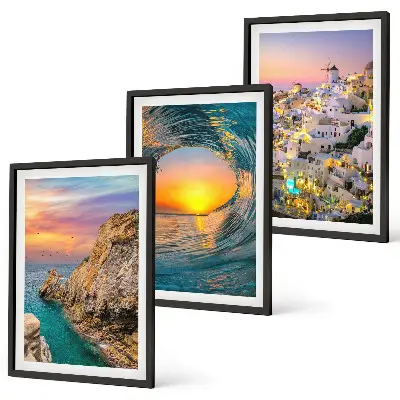 Composição de quadros moderna ondas do mar e casas brancas de Santorini