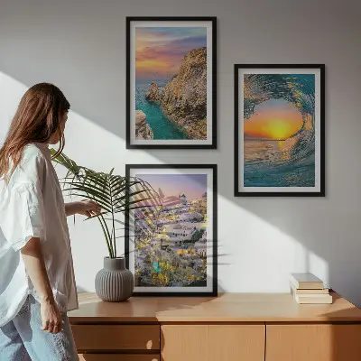 Composição de quadros moderna ondas do mar e casas brancas de Santorini