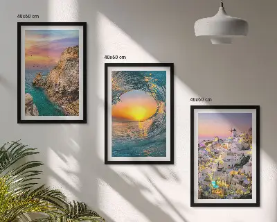 Composição de quadros moderna ondas do mar e casas brancas de Santorini