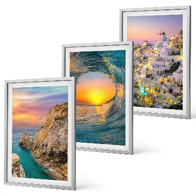 Composição de quadros moderna ondas do mar e casas brancas de Santorini