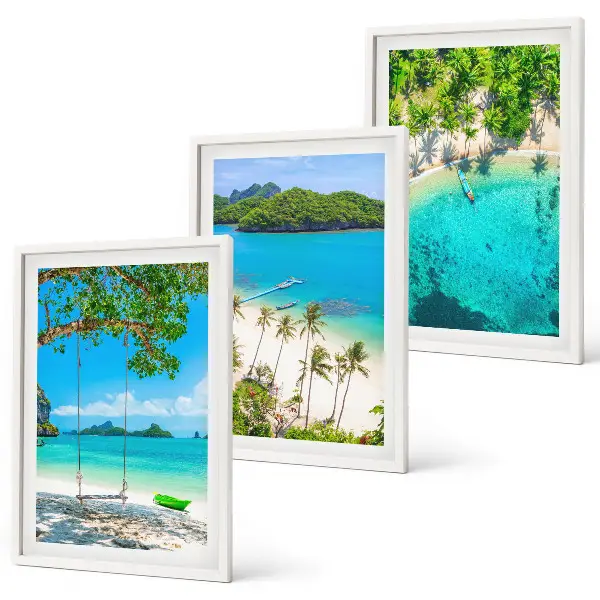 Conjunto de 3 quadros com moldura de praias com palmeiras e água cristalina