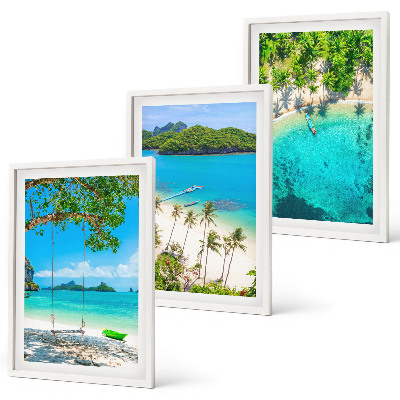 Conjunto de 3 quadros com moldura Praias, palmeiras, água cristalina