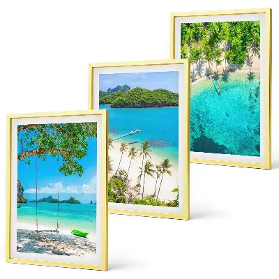 Conjunto de 3 quadros com moldura de praias com palmeiras e água cristalina
