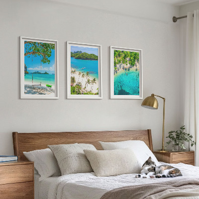 Conjunto de 3 quadros com moldura Praias, palmeiras, água cristalina