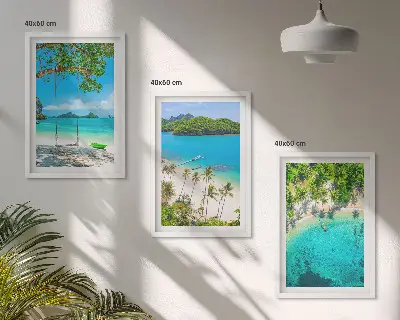 Conjunto de 3 quadros com moldura de praias com palmeiras e água cristalina