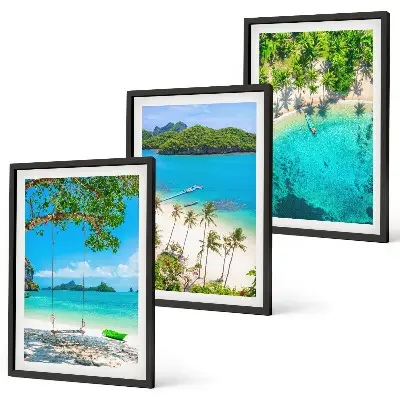 Conjunto de 3 quadros com moldura de praias com palmeiras e água cristalina