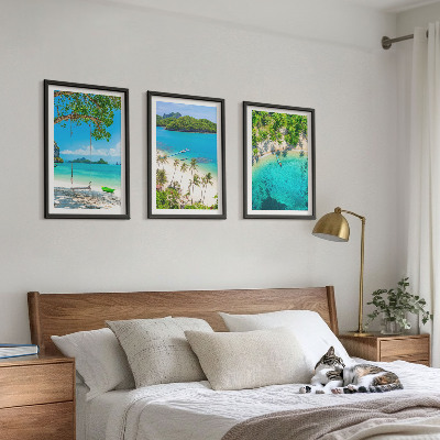 Conjunto de 3 quadros com moldura Praias, palmeiras, água cristalina