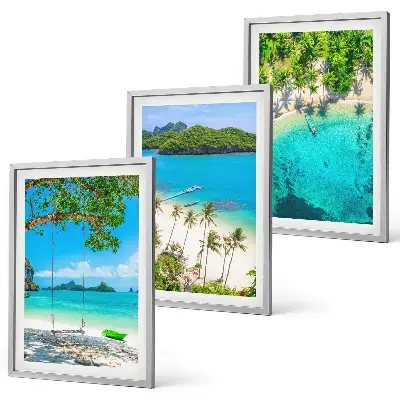 Conjunto de 3 quadros com moldura de praias com palmeiras e água cristalina