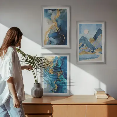 Conjunto de quadros para sala de estar com padrões abstratos das Montanhas Azuis