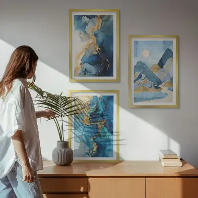 Conjunto de quadros para sala de estar com padrões abstratos das Montanhas Azuis
