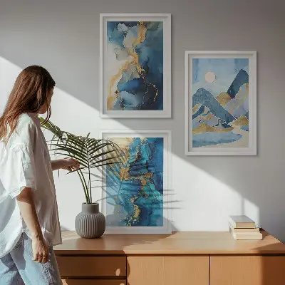 Conjunto de quadros para sala de estar com padrões abstratos das Montanhas Azuis