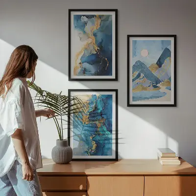 Conjunto de quadros para sala de estar com padrões abstratos das Montanhas Azuis