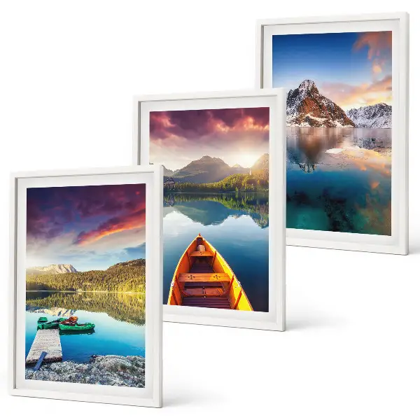Composição de quadros moderna com paisagens de lagos, montanhas e barcos