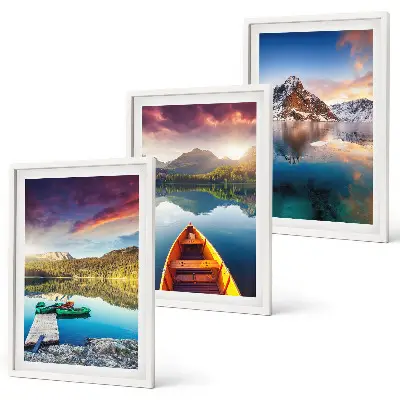 Composição de quadros moderna com paisagens de lagos, montanhas e barcos