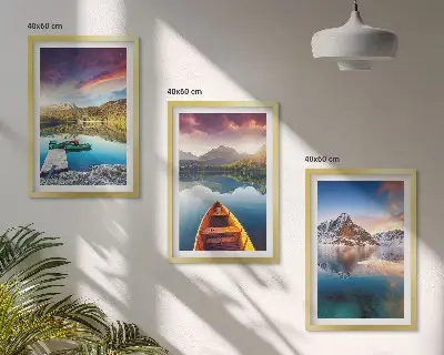 Composição de quadros moderna com paisagens de lagos, montanhas e barcos